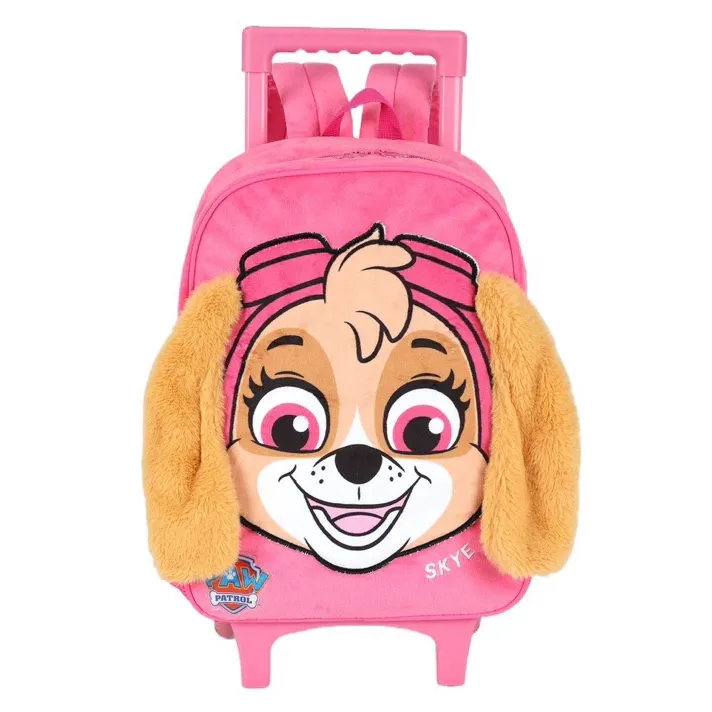 Mochila rodinha infantil rosa com estampa da Skye da Patrulha Canina, com rodinhas e alça de mão rosa